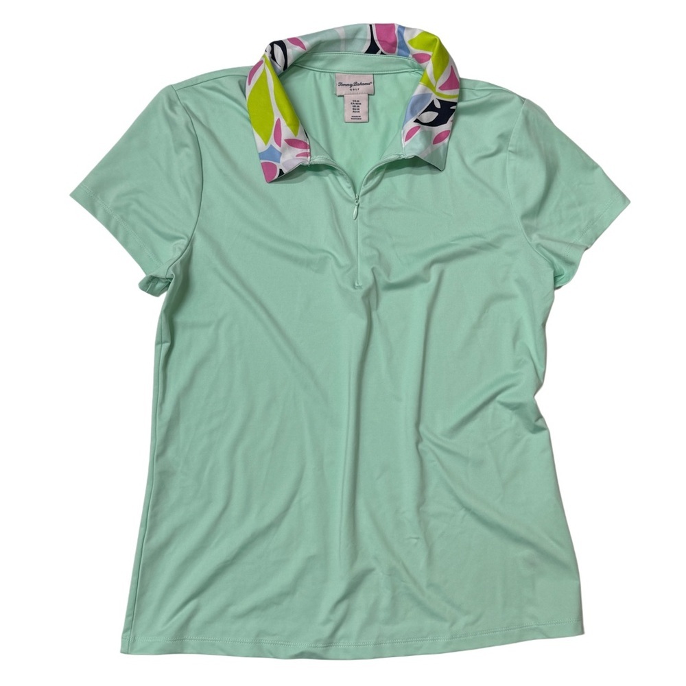 {Tommy Bahama Golf} Green Tropical Print Short Sleeve Quarter Zip Golf Shirt